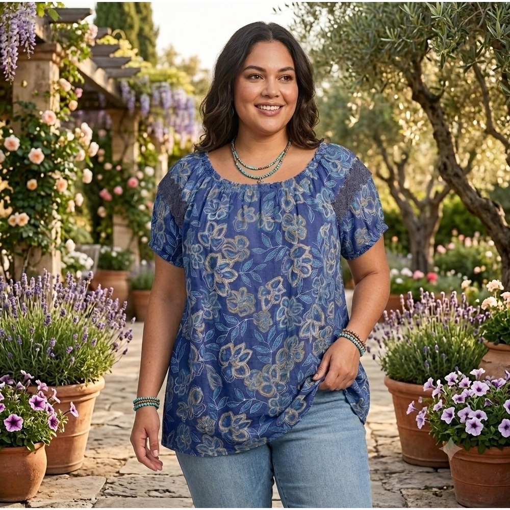 Como Blu Floral Peasant Blouse Size 2X Blue Crochet Lace Trim Boho Top NWOT